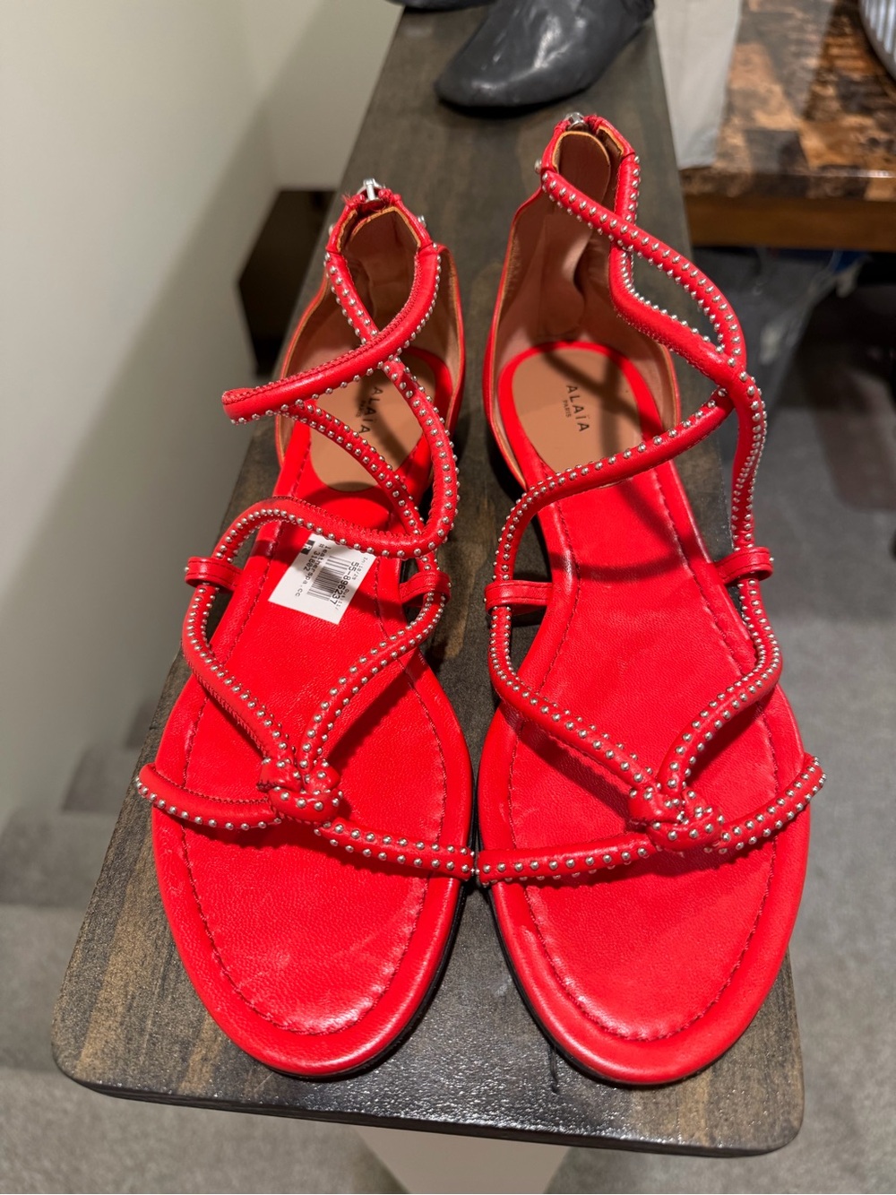 Alaia Red Studded Strappy Flat Sandals